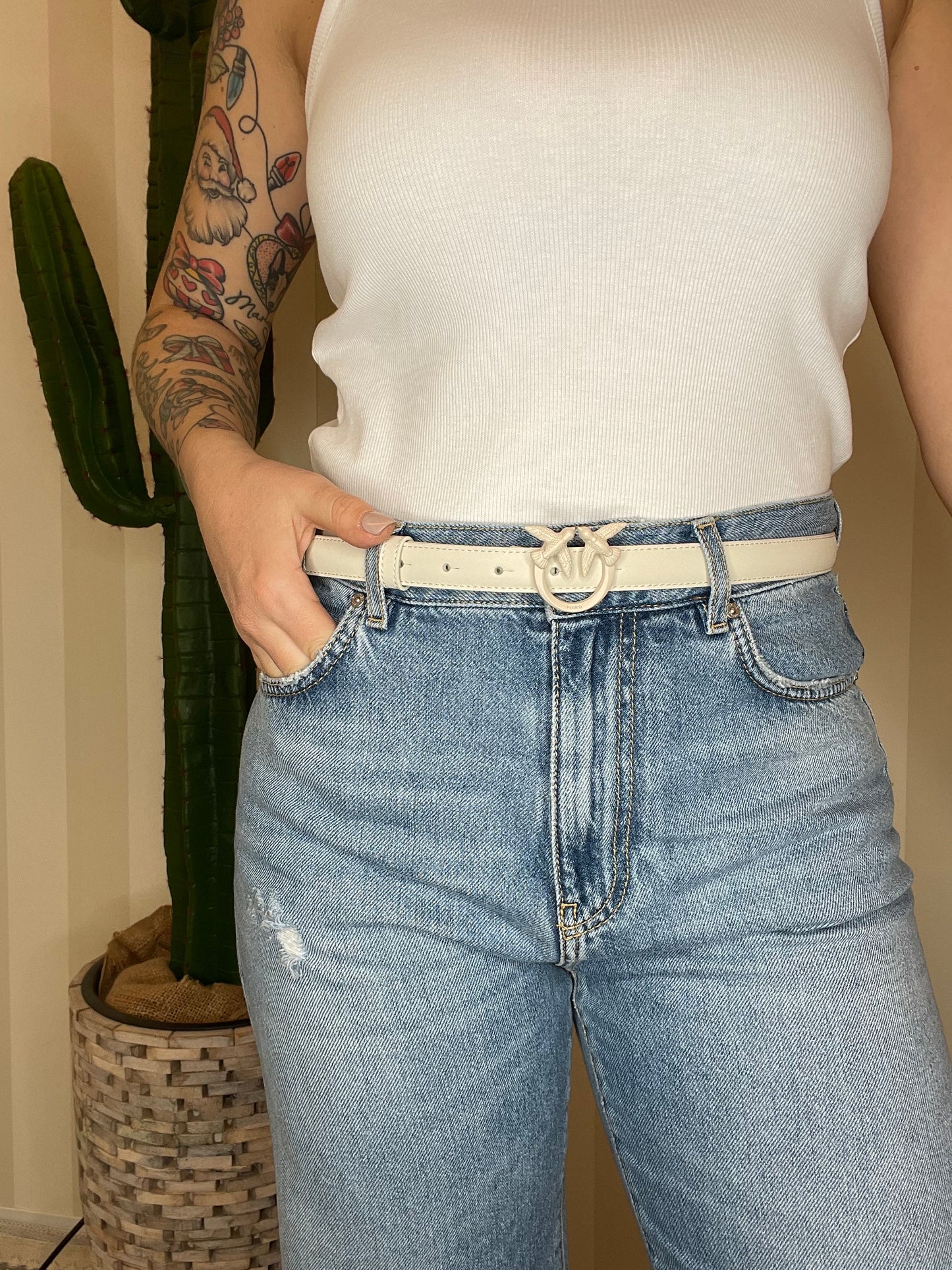 Cintura sottile  bianca Love Birds pelle color block 2cm