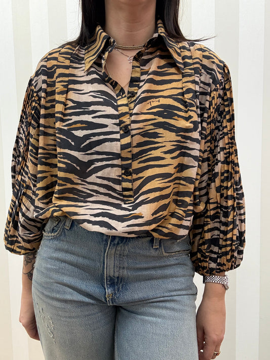 Blusa in cotone e seta con stampa animalier,PINKO.