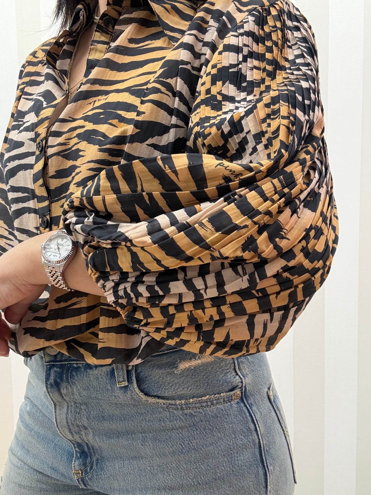 Blusa in cotone e seta con stampa animalier,PINKO.