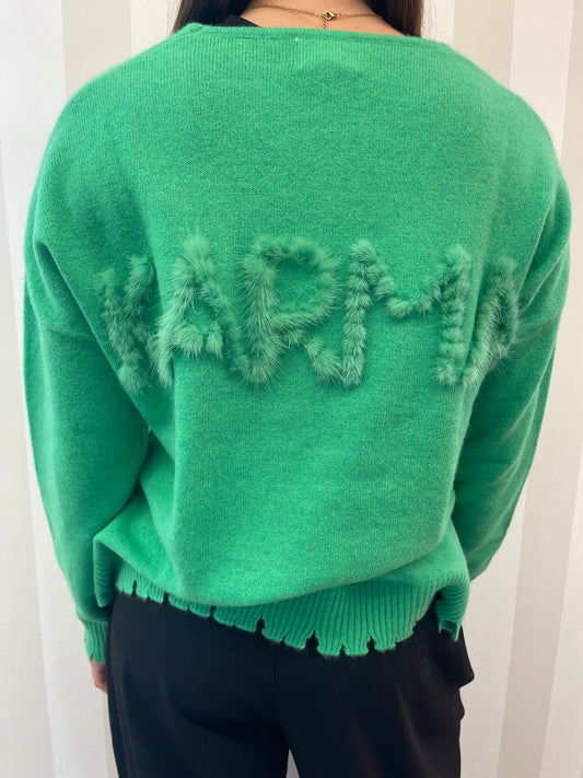 Maglione verde con scritta KARMA sul retro,MPC.