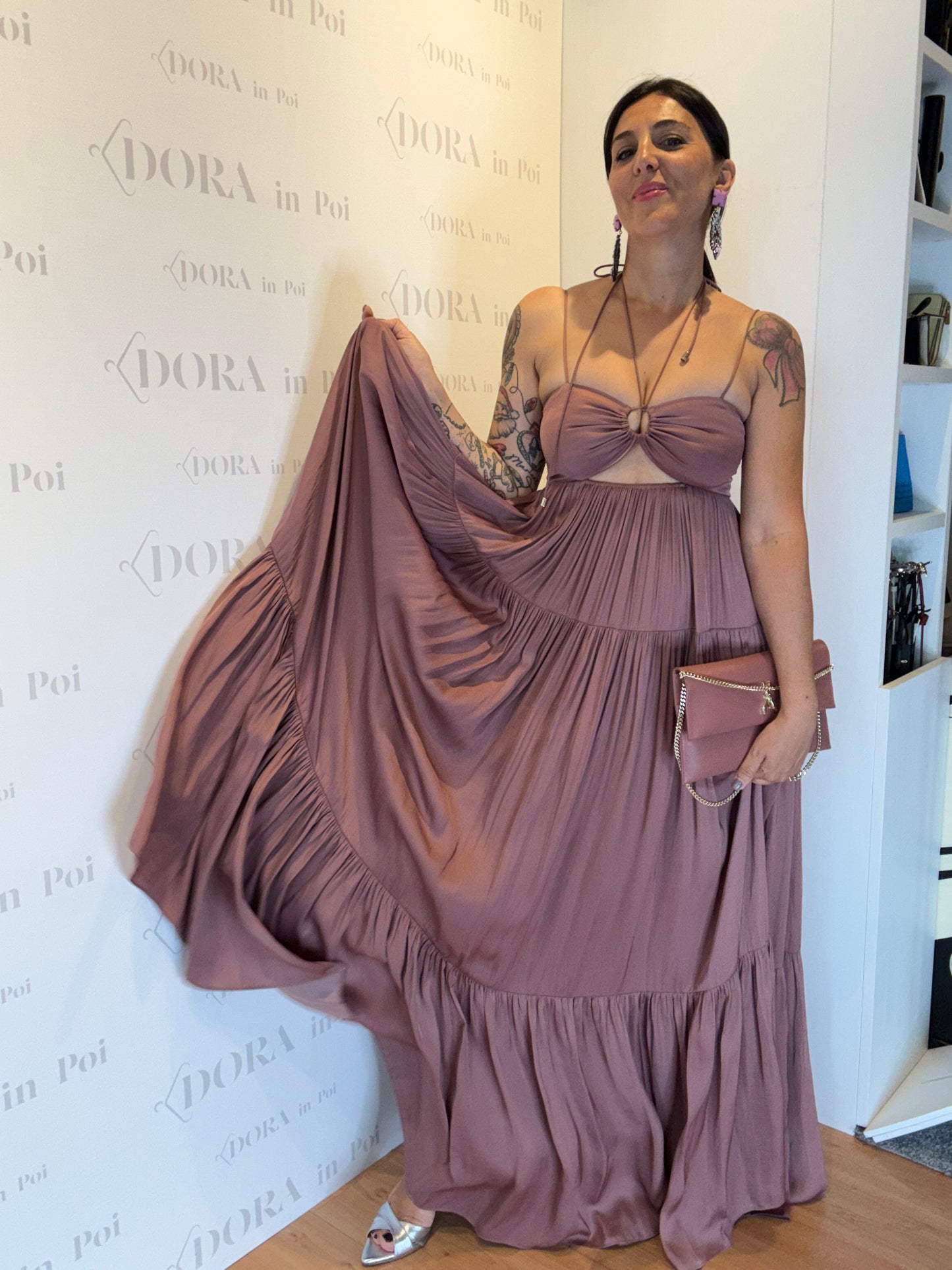Abito lungo in raso con cut-out, PATRIZIA PEPE.